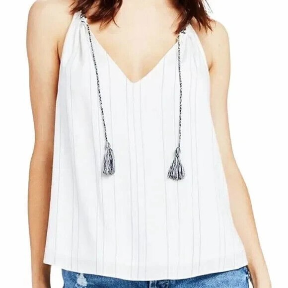 Gentle Fawn Womens T Back Tank Top Size Small White/Black Striped Tasseled Boho - Picture 12 of 13